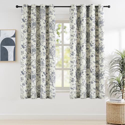 Melodieux Verdunkelungsvorhänge mit Vintage-Blumenmuster, für Schlafzimmer, Wohnzimmer, Bauernhaus, wärmeisoliert, Baumwolle, Ösen, französisches Landhaus, Toile de Jouy, 132 x 160 cm, Marineblau 2