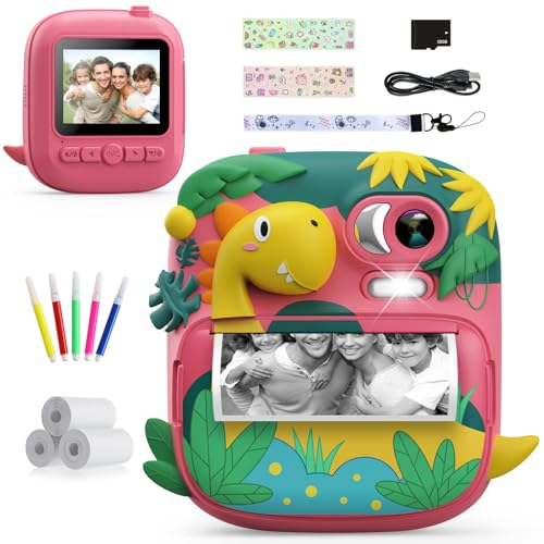 Camara Fotos Infantil Instantanea, CAMCLID 2,4 Pulgada Cámara Instantánea para Niños con Tarjeta de 32GB y 3 Rollos de Papel, 12MP/1080P Cámara de Juguete, Regalo para Niños de 3 a 12 Años(Rosa)