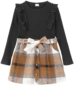 PATPAT Bekleidungssets für Mädchen A-Linie Plaid Rock Set, Komfortable Stoffe Kleinkind Mädchen Mode Kleidung 2Pcs Outfits Set - Ideal für Schule, Freizeit und Outdoor, Schwarz, 8-9 Jahre, 128-134