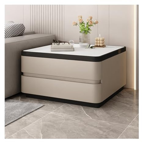 Beistelltisch aus Massivholz mit Aufbewahrungsschrank, moderner quadratischer Couchtisch für Wohnzimmer, helles Luxus-Sofa, Sideboard, Cremefarben, 70 x 70 x 50 cm