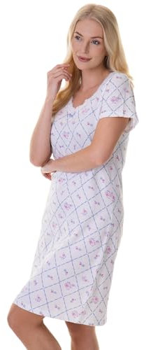 Camille Womens Nightdresses Smooth Soft 100% Cotton - Short Sleeved Breathable & Lightweight Summer Nighties - White Diamond - 14-16