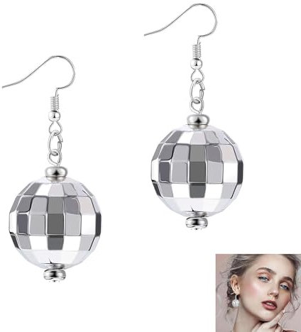 2er-Pack Discokugel Ohrringe, Lustige Ohrringe Damen, Haarreif Silber, Für Damen Und Mädchen Retro Disco Motto Party Kostüm Zubehör