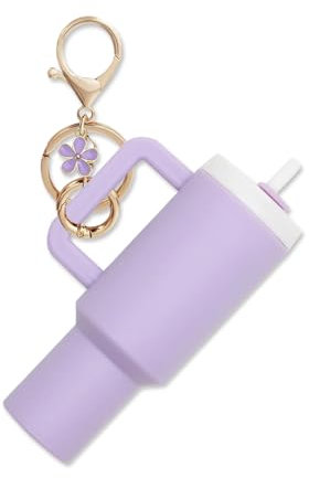 Joalpysm Mini Tumbler Keychain, Mini Cup Keychainfor Stanley Cup, Cute Accessories with Flower Charms for Stanley for Women Handbag Backpack Purse (Purple)