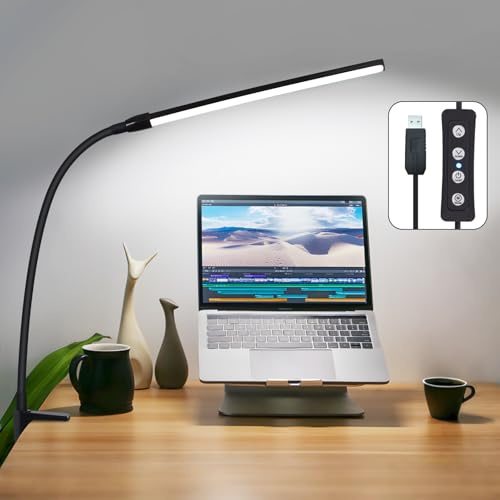 Homefire Schreibtischlampe LED Klemmbar Dimmbare Schwarz Schreibtischlampen | 3 Farben 5 Helligkeitsstufen 5W Flexibel Klemmleuchte Tischlampe Augenschutz Tageslichtlampe für Büro Arbeitszimmer