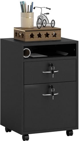 HOMCOM 60cm Filing Cabinet with Drawer, Open Shelf, Metal Handles and 4 Wheels, Office Home Organiser Mobile Printer with Two Locks, Black