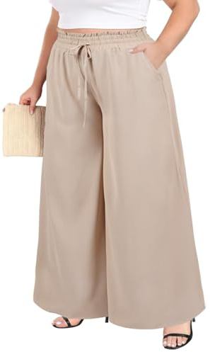 Moon Wood Pantalon Femme Haute Été Long Léger Fluide Elastique avec Poches Amande L
