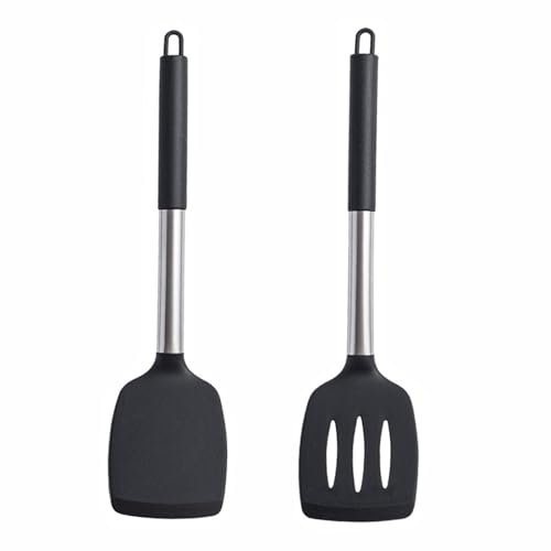 2 Pcs Silicone Spatula, Heat-Resistant Spatulas Stainless Steel Cooking Spatula, Spatulas for Cooking Baking, Frying, Stir-Fry, Non-Stick, Non-Scratch, Easy to Clean