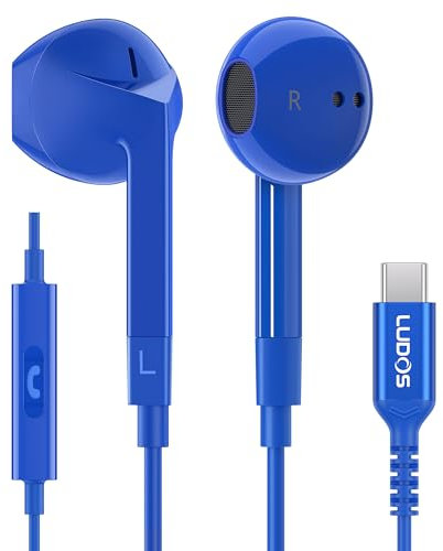 Ludos FEROX USB C Headphones, 5 Years Warranty, USB-C Earbuds for iPhone 16 15 Pro Max Plus Samsung Galaxy S24 S23 Ultra S22 S21 FE S20 Z Flip 3 Fold 4 A53 A54, USB Type C Earphones for iPad - Blue