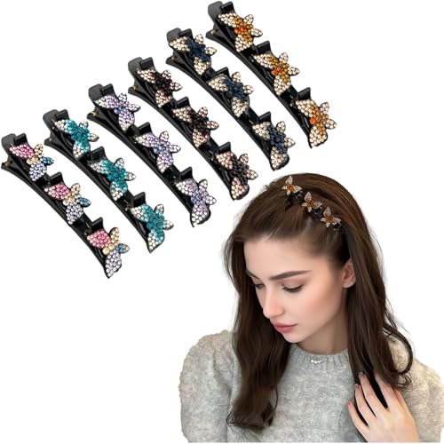 SXQLYH Lot de 6 barrettes à cheveux tressées double couche avec 3 clips, double couche avec strass