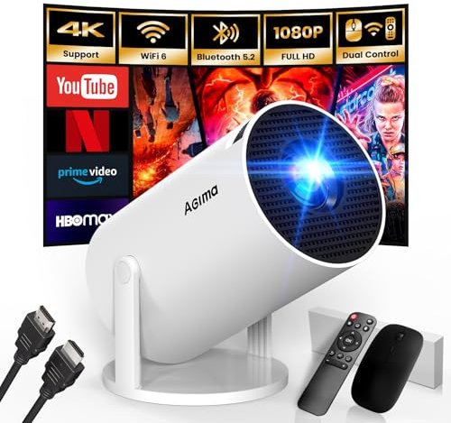 [App Integrada] Mini Proyector 2025 Upgraded Proyector Portátil, Dual Control con Ratón Android TV WiFi 6 BT5.2 180° Rotation HDMI/TV Stick/USB/PS5/Laptop, con Cable HDMI y Ratón, Blanco
