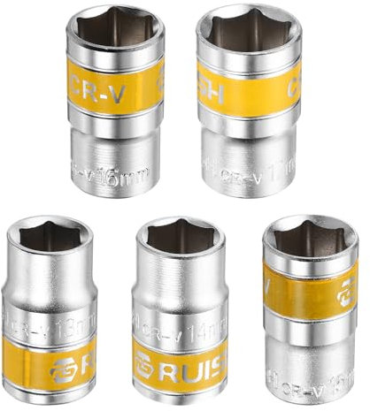 sourcing map 5pcs 1/2 Drive 6 Points Socket 13-17mm Metric Shallow Impact Socket CR-V Steel Flip Socket Spindle Axle Nut Impact Socket for Home Auto Hex Nuts Bolts Repair, Silver Yellow