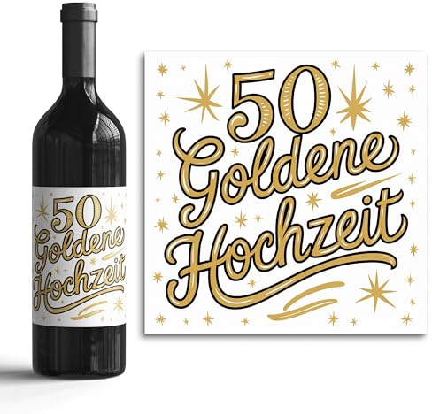 Flaschenetiketten-Set - 50 Jahre verheiratet - 6 Aufkleber selbstklebend - Hochzeits-Deko für Wein & Sekt (50 Goldene Hochzeit / 002, 10x10cm)