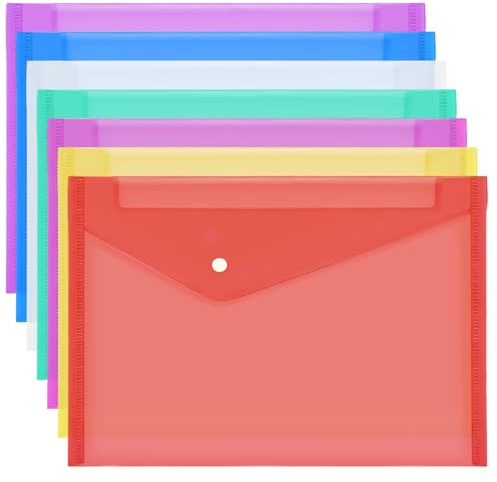 7PCS A4 Plastic Wallets Folders Document Folder Plastic Popper Wallets with Button,Assorted Colours