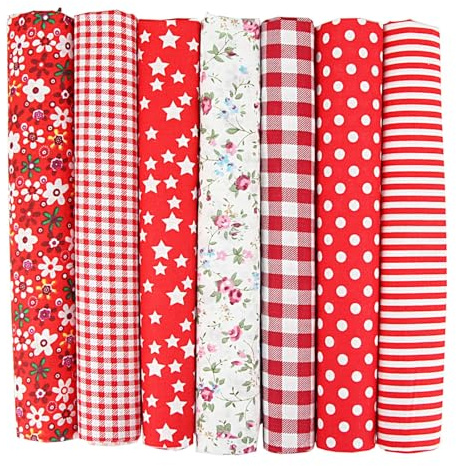 EXGOING 7pcs Fat Quarters Fabric Bundles - 20x20 Precut Easter & Spring Quilting Cotton for Sewing, Patchwork, DIY Crafts & Home Décor - Soft, Durable & Multi-Colour Material (Red)