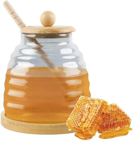 Dzmuero Honigglas, Honigspender, 480ML Honigtopf mit Löffel, Honigglas mit Holz Deckel, Versiegelter Glasbehälter, Weithals Honigvorratsglas für die Aufbewahrung in der Küche (Grau4)