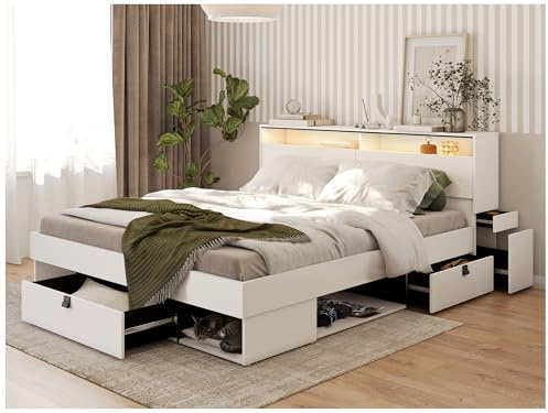 MEBLINI Funktionsbett 180x200 SMARTEE mit Lattenrost und Matratze - Schrankbett mit LED - Bett mit Stauraum - Doppelbett mit Schubladen - Stauraumbett - Bettkästen mit Aufbewahrung - Weiß/Schwarz