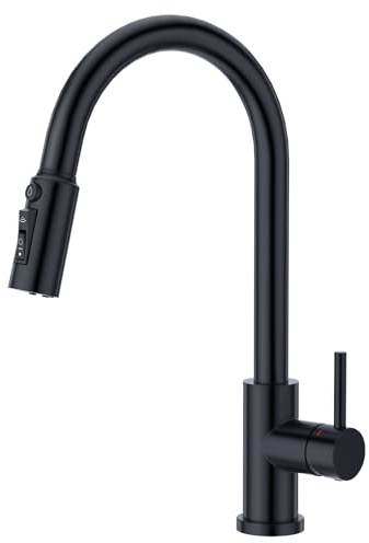 CREA Rubinetto da cucina a 3 vie con doccia, rubinetto da cucina a tre vie, estraibile, girevole a 360°, miscelatore a 3 vie, rubinetto a 3 vie, rubinetto a 3 vie, in acciaio inox, nero