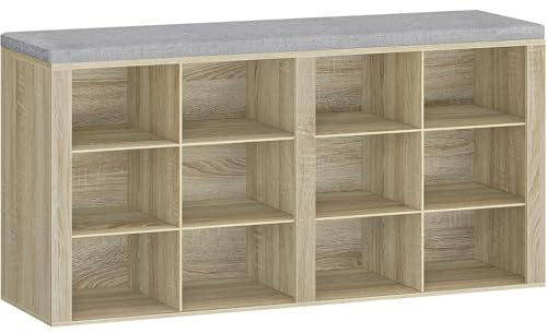 Hzuaneri Schuhbank mit Sitzfläche, 12 Fächern, Eiche | Schuhschrank mit Sitzbank, Verstellbare Ablagen, Für Wohnzimmer, Schlafzimmer, Flur, SB19016GY