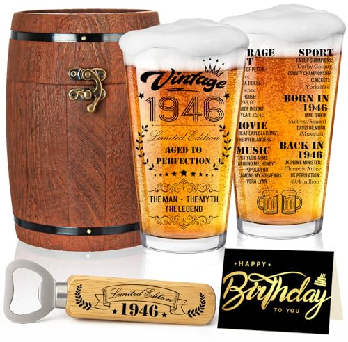 Joybble 80th Birthday Gifts for Men, Gifts for Men with Birthday Cards, 80 Years Old Beer Glass in Vintage Box, Valentine's Day Gift Beer Glasses Gift Ideas, Retirement Gift for Dad Grandad