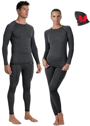 Risalti sous Vetement Thermique Homme et Femme Laine Merino – Ensemble Thermique Unisex Hiver avec Haut Et Collant en Laine Mérinos, Cache Cou Offert, Seamless, Thermorégulant – Made in Italy