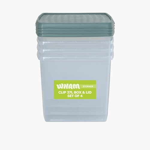Wham Clip 4 x 37L Square Stackable Plastic Storage Boxes with Lids | Ideal for Home, Office, Toys & More | Storage Containers with Clip Locks | Made in UK - Clear/Green Milieu