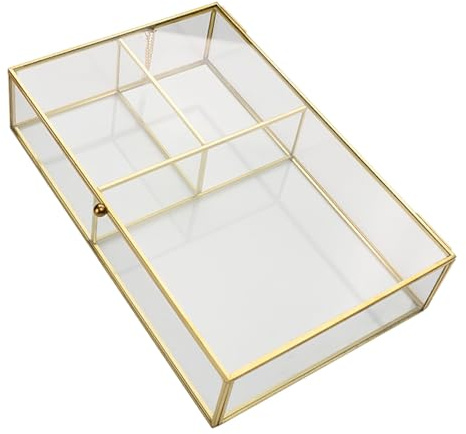 Glas Schmuckkästchen 20x13x4,5cm aus Messing für Frauen | Vintage Elegant, für Halskette und Accessoire, Schreibtisch Aufbewahrung, Größe S