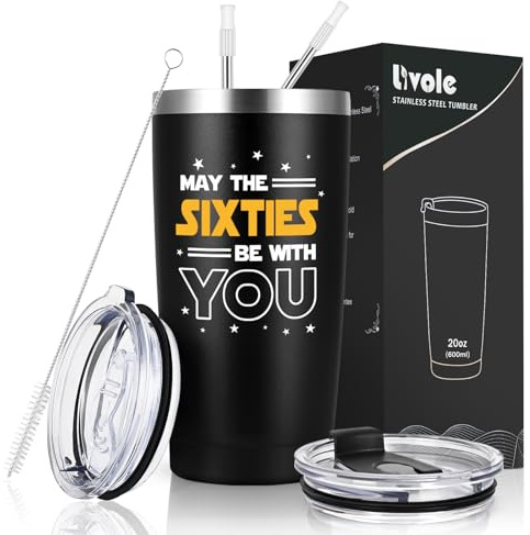 Livole 60th Birthday Gifts for Men, Him, Friends, Mens 60th Birthday Gifts Ideas, 60th Birthday Mug, May The Sixties Be with You, 20oz 600ml Stainless Steel Travel Coffee Mug