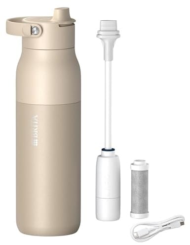 BRITA LARQ iQ Digitale Edelstahl Trinkflasche mit Wasserfilter (1000 ml) | Beige, Hydration Tracking (BRITA App), Strohhalm, Aktivkohle Filter, UV-C, neutralisiert 99,99% Bakterien, filtert PFAS