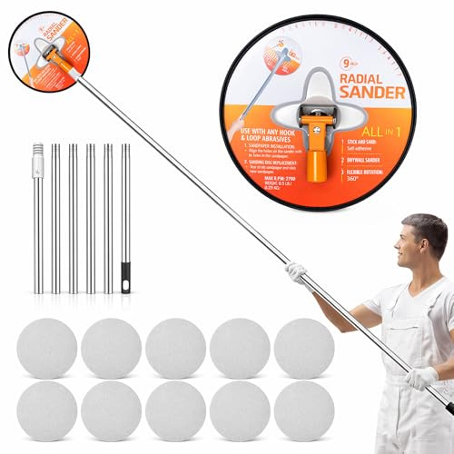 9 Inch Drywall Pole Sander for Walls: Lifegogo 360° Rotation Radial Sander with Extension Pole 10Pcs Sanding Sheets (80/100/120/180/240Grit) Aluminum Alloy Poles Sanders Kit