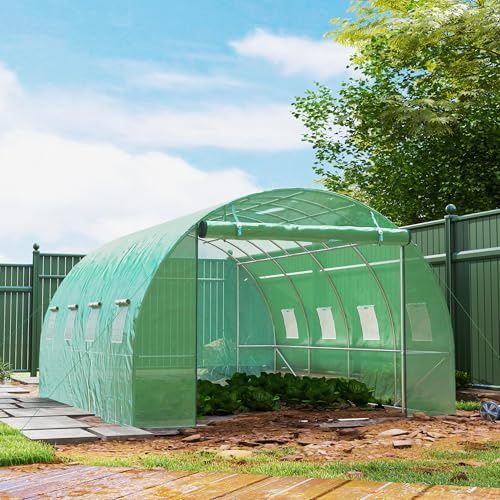 Polytunnel Gewächshaus mit verstärktem Stahlrahmen & 85%-Lichtdurchlass, begehbar, rollbare Türen & Netzfenster, erweiterte Abdeckung gegen Wind/Wärme/Unkraut – inkl. U-Heringen & Abspannseilen