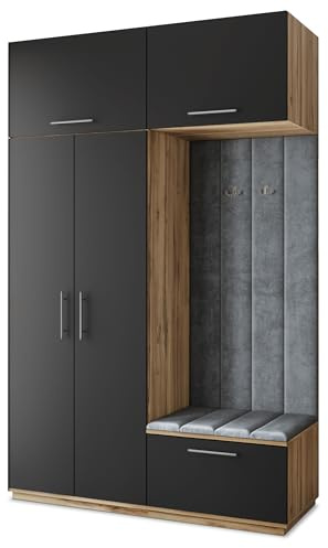 Masseno Flugarderoben Set Rema, Kleiderschrank-Set mit Sitzbank, Garderobenschrank Flur mit 5 Regalböden, Eiche Wotan/Schwarz