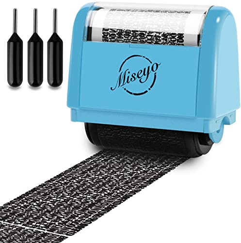 Miseyo Breites Datenschutz Rollstempel– Blau (inkl. 3 Nachfülltinten) | Identitätsdiebstahl-Prävention Stempel, 3,8 cm Breite Adressen Schwärzen, Datenschutzstempel, leichtes Rollen, Nachfüllbar