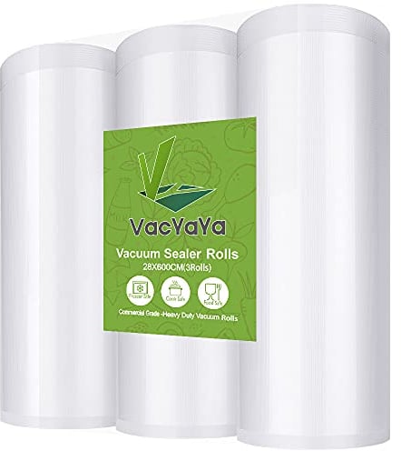VacYaYa 3 Pack 28x600cm Rolls (Total 18m) Vacuum Food Sealer Machine Freezer Bags Rolls with BPA Free,Heavy Duty,Great for Sous Vide and Vac Seal Storage Rolls