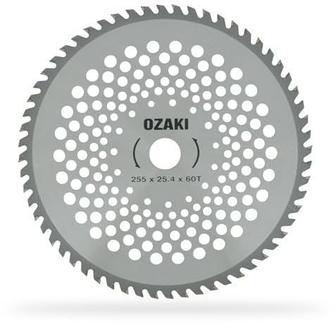 OZAKI - Lame pour Débrousailleuse - 60 Dents à Pointe Carbure - Largeur de Coupe : 255 mm - Alésage : 25,4 mm - Épaisseur 1,4 mm