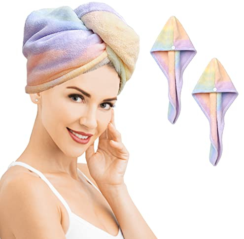 2 Stück Mikrofaser-Handtuch, Wickeltuch, Regenbogen, schnell trocknend, super saugfähig, gedrehter Turban zum Trocknen der Haare mit Knöpfen und trockenem Haar, Hut für Frauen und Mädchen