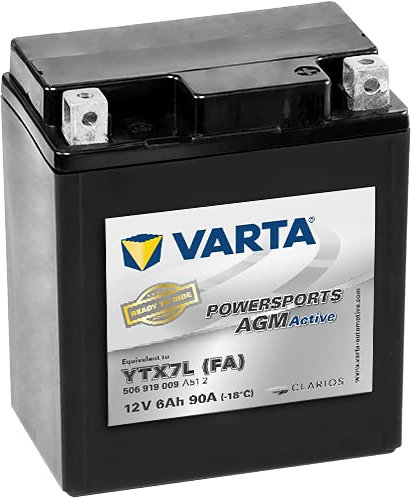 Batterie moto YTX7L-BS Varta AGM Active 12 V 6 Ah 90 A. Durée de vie 3 fois plus longue.