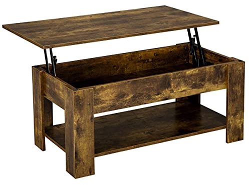 Yaheetech Lift Up Coffee Table 98x50x(42-56) cm, Rustic Brown | E1-Compliant MDF, Lifting Tea Table, Hidden Storage Drawer, Open Shelf, for Living Room/Reception