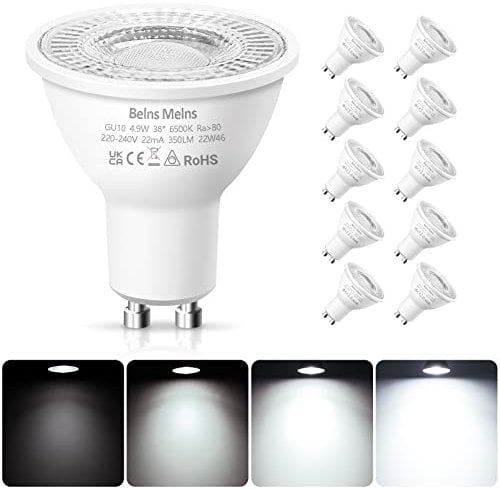 GU10 LED Bulbs Dimmable, Cool White 6500K, 50W Halogen Spotlight Equivalent, 4.9W LED GU10 Bulbs Dimmable, 220-240V 38° Beam Angle Energy Saving - Pack of 10