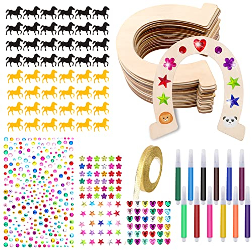 42 Stück Hufeisen Holz, Hufeisen Kindergeburtstag mit Pferd Konfetti/Aquarellstift/Sticker/Glitzerbändern, Glatter Hufeisen Holz zum Bemalen, Scheiben Hufeisen für Kinder Party, Geburtstagsdeko, DIY