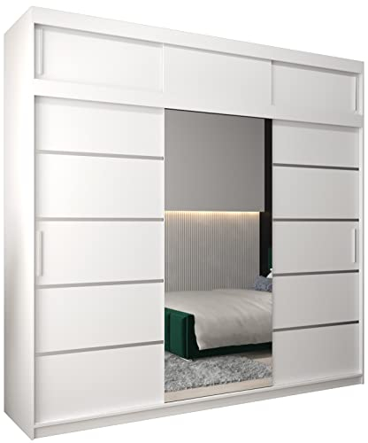 MEBLE KRYSPOL Kleiderschrank mit Spiegel Verona 2 - Garderobenschrank - Schrank Schlafzimmer - Mehrzweckschrank DREI Schiebetüren - Regalen - Flur Möbel - Kleiderstange Schrank - Allzweckschrank