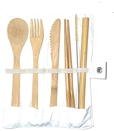 Juego de cubiertos de bambú reutilizables, juego de utensilios de bambú ecológicos, juego de vajilla de viaje, cuchillo, tenedor, cuchara y pajita