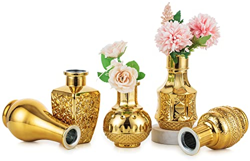 Nuptio Glas Vase Gold 5 Stück Kleine Vasen für Hochzeitstisch Mittelstücke, Goldene Mini Vintage Orchidee Blume Vase Dekorative für Geburtstag Party Baby Dusche Empfang Nach Wohnzimmer Dekoration