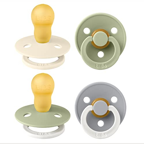 BIBS Colour Soother 4-Pack, BPA Free Dummy Pacifier, Round Nipple. Natural Rubber Latex, Made in Denmark. 18+ Months (Pack of 4), Sage Glow Mix