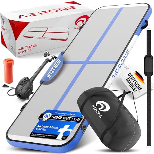 AERONE Airtrack Turnmatte Aufblasbar | Air Tracking Matte 4m [Zubehör Schultergurt Tragetasche Luftpumpe] Air Track für Turnen Gymnastik Zuhause Outdoor Pool | Blau