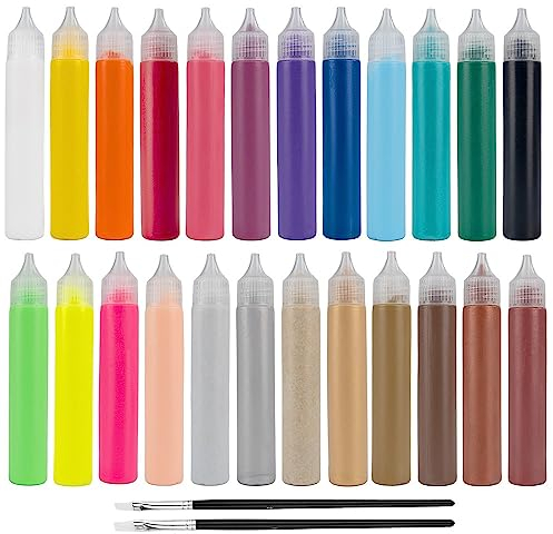 Ideen mit Herz 3-D Textilfarbe | 24 Tuben mit je 30 ml Stoffmalfarbe | 24 Farben inkl. Neon-Farben und Metallic-Farben | Stofffarben-Set inkl. 2 Pinsel | waschfest
