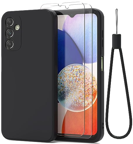 THIYUFUNS Funda con Samsung Galaxy A14 4G / 5G con 2 Protector Pantalla Cristal Templado,Carcasa de TPU Silicona Bumper Líquida Ultradelgado Cover - Negro