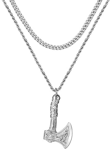 Cupimatch Herren Halsketten Edelstahl Kette Gold Silber Schwarz Wikinger Halskette mit Axt Anhänger 2-teilige Geschichtete Kette Wikinger Schmuck für Männer Junge