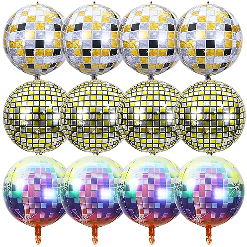Jortmrd 12 Stück Discokugel Luftballon Disco Party Deko Aluminium Folienballons 22 Zoll 4D Metallic Spiegel Disko Folien Ballons 70er 80er Jahre Retro Party Deko Disco Tanz Fever Mottoparty Geburtstag
