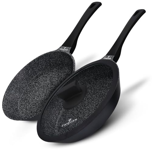 ZWIEGER Hochwertiges 3-teiliges Pfannenset – Pfannen 28 & 24 cm mit 28 cm Deckel, Aluguss, vollflächiger Edelstahlboden, für alle Herdarten (inklusive Induktion) geeignet – Antihaft, PFOA- & PFOS-frei
