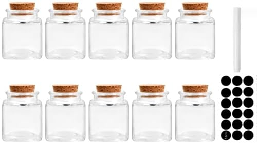 LIMITADA 10 Pcs Mini Pot en Verre Carré 50ml, Fiole Dragées Mariage avec Bouchon Liège, Petit Contenant en Verre Transparent, Petit Bocal en Verre Hermétique, pour Confiture Bonbon Épice Mariage Fête